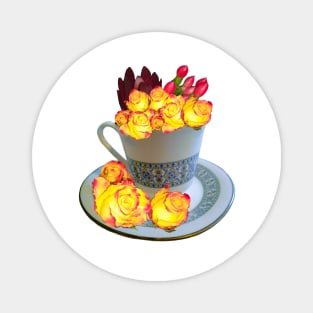 Flowers Neon roses dark - floral bouquet in fine china tea cup with saucer,  yellow roses with red tips Magnet